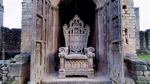 An ancient throne sits in the doorway of a crumbling castle, evoking a sense of history and mystery in a cinematic atmosphere.