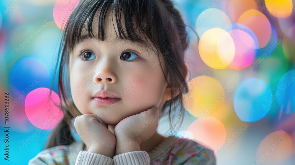 Surrounded by dynamic backgrounds, a curious Asian child's inquisitive expression reveals her insatiable thirst for knowledge and discovery Surrounded by dynamic backgrounds, a curious Asian child's inquisitive expression reveals her insatiable thirst for knowledge and discovery