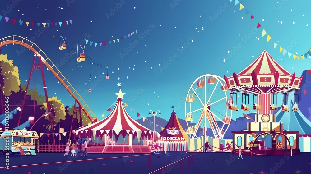Obraz premium A cartoon illustration of a carnival at night.