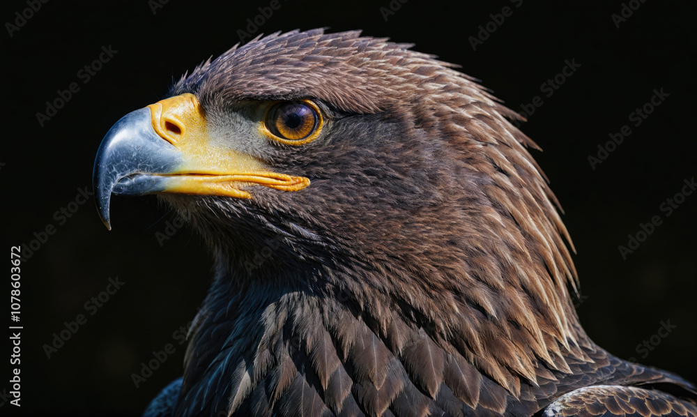 Naklejka premium A Golden Eagle looks off into the distance with its sharp, yellow beak and intense, brown eyes