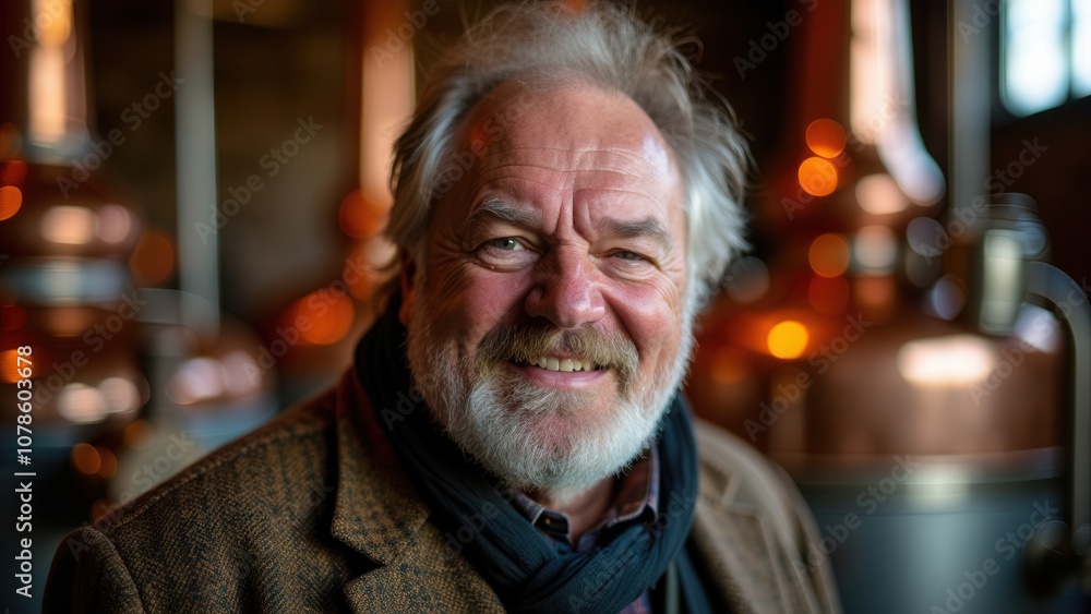 A cheerful distiller stands in a rustic distillery filled with copper stills. The warm glow of the environment highlights his friendly expression, showcasing the craft of spirit production in a lively A cheerful distiller stands in a rustic distillery filled with copper stills. The warm glow of the environment highlights his friendly expression, showcasing the craft of spirit production in a lively