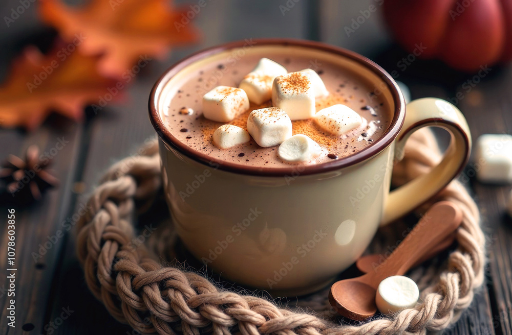 Enjoy a comforting cup of hot chocolate adorned with fluffy marshmallows, set against autumn decorations Enjoy a comforting cup of hot chocolate adorned with fluffy marshmallows, set against autumn decorations