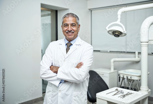 A confident and approachable dentist in a white coat stands smiling in a modern dental clinic, exuding professionalism and warmth. Dental equipment is visible in the background.