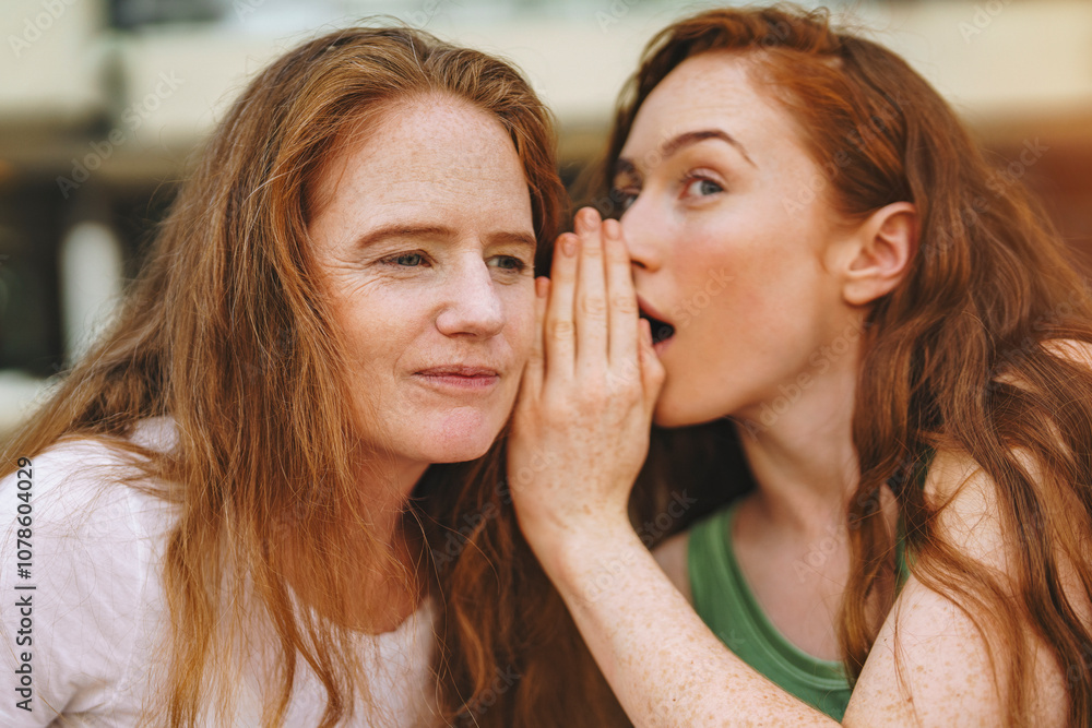 Two women share a secret outdoors while enjoying a sunny afternoon in a casual setting with laughter and friendship Two women share a secret outdoors while enjoying a sunny afternoon in a casual setting with laughter and friendship