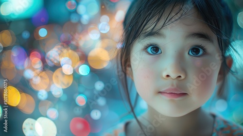 Surrounded by dynamic backgrounds, a curious Asian child's inquisitive expression reveals her insatiable thirst for knowledge and discovery