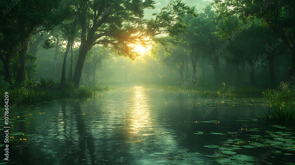 Obraz premium Sunlit reflections on calm forest waters