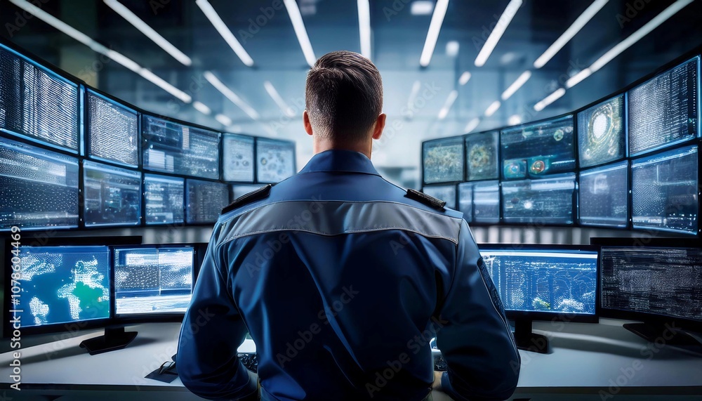 security guard watching multiple screen cctv monitor for protection, building safety or data center. Inspection, video surveillance agency and control room with footage, computer and watching