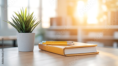 Wallpaper Mural Enhance your workspace with a stylish notebook pencils and a touch of greenery Torontodigital.ca