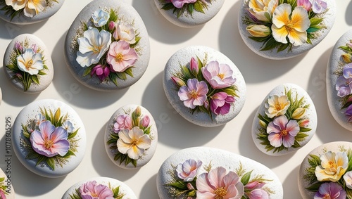 Decorative Painted Natural Stones with Floral Designs – Handcrafted Artistic Flower Patterns on Round Stones photo