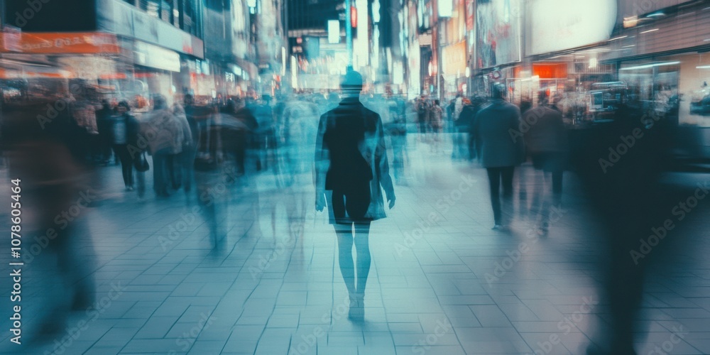 A person walking through a bustling street, but they are ghostly and transparent A person walking through a bustling street, but they are ghostly and transparent