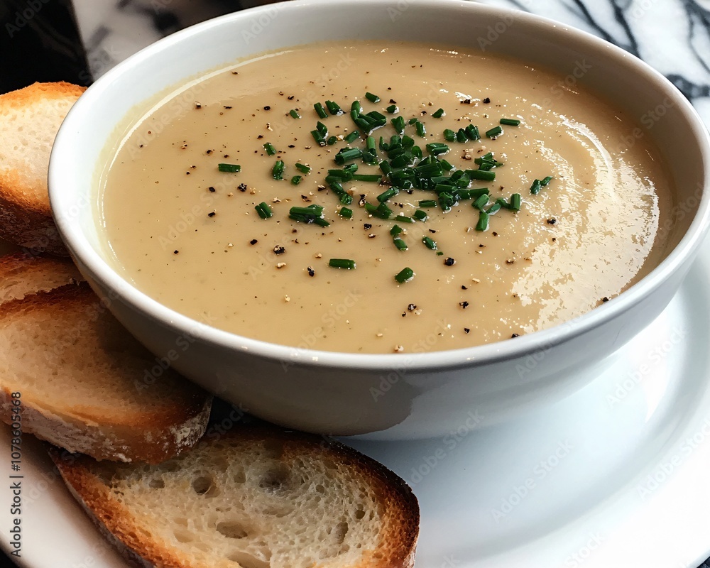 Creamy Soup with Chives and Bread Croutons Creamy Soup with Chives and Bread Croutons