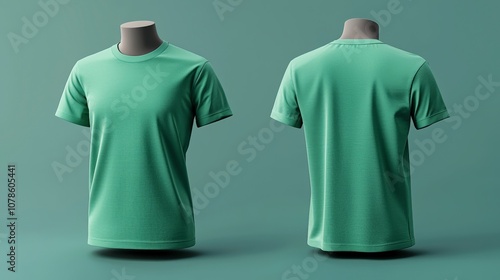 A mint green t-shirt displayed on a mannequin, showcasing the front and back view. The shirt is round necked with short sleeves, set against a matching background. photo