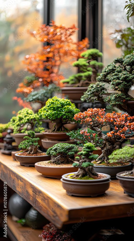 Bonsai,An arrangement of bonsai trees at different stages of development Bonsai,An arrangement of bonsai trees at different stages of development