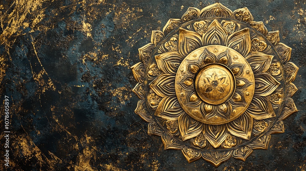 Intricate golden mandala design on dark textured surface, artistic and spiritual beauty. Intricate golden mandala design on dark textured surface, artistic and spiritual beauty.