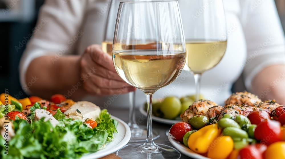 A joyful dinner setting with vibrant salads and glasses of white wine captures a moment of relaxation and enjoyment. A joyful dinner setting with vibrant salads and glasses of white wine captures a moment of relaxation and enjoyment.