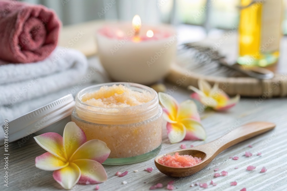 A serene spa corner features a jar of natural body scrub, delicate flowers, and soft towels. Nearby, a lit candle and essential oil add to the calming atmosphere, perfect for a soothing self care expe A serene spa corner features a jar of natural body scrub, delicate flowers, and soft towels. Nearby, a lit candle and essential oil add to the calming atmosphere, perfect for a soothing self care expe