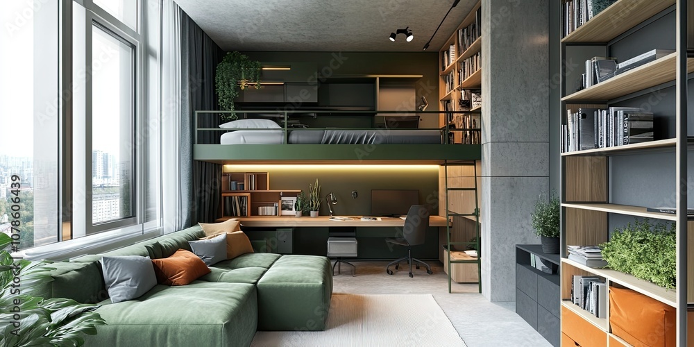 Fototapeta premium modern green and grey spacious workspace with bunk bed and elegant wooden bookshelf 