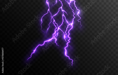 Vector lightning PNG. Thunderstorm lightning, bright flash of light png. Natural phenomenon.