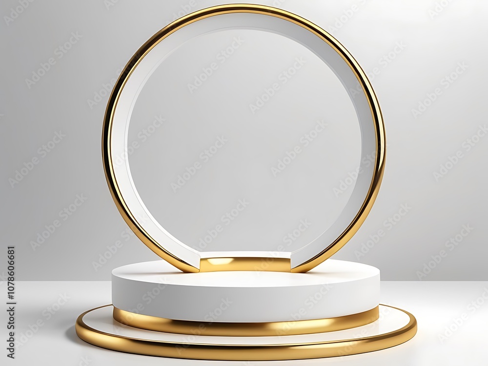 White 3d pedestal background with Golden Glass Ring Frame for cosmetic product presentation or fashion magazine White 3d pedestal background with Golden Glass Ring Frame for cosmetic product presentation or fashion magazine