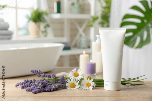 A soothing bathroom setup features a white tube of skincare lotion next to fresh lavender and daisies, alongside glowing candles. Soft sunlight pours in, enhancing the peaceful ambiance of self care a photo