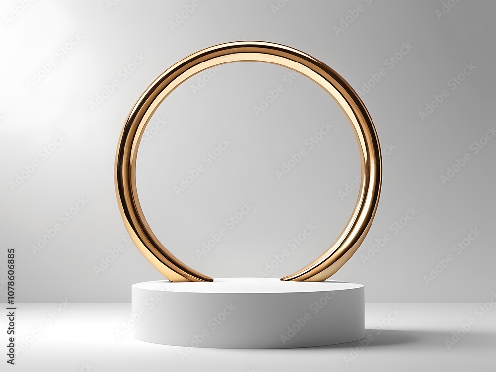 White 3d pedestal background with Golden Glass Ring Frame for cosmetic product presentation or fashion magazine White 3d pedestal background with Golden Glass Ring Frame for cosmetic product presentation or fashion magazine