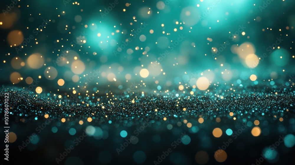 Abstract teal and gold glitter bokeh background with soft focus. Abstract teal and gold glitter bokeh background with soft focus.