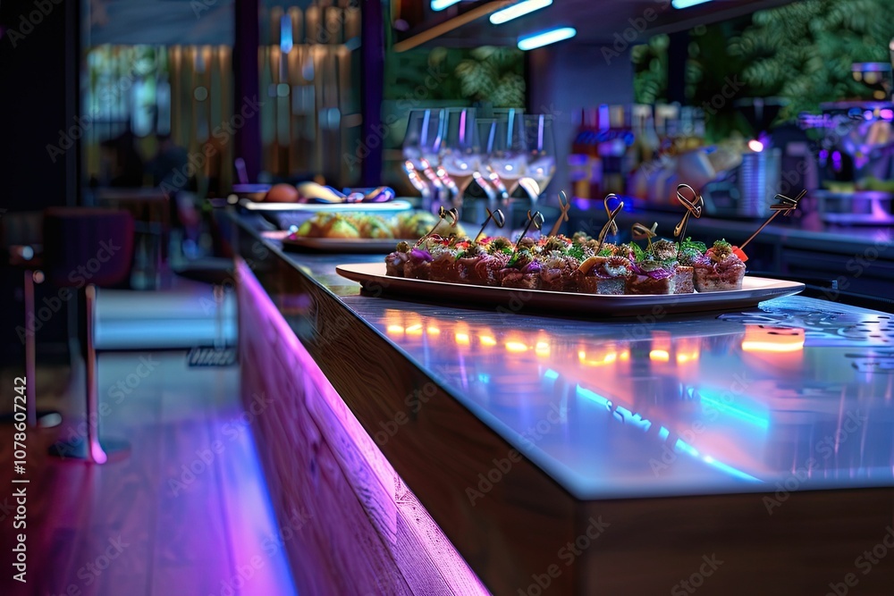 Appetizers on bar with colorful lighting. Appetizers on bar with colorful lighting.