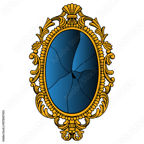 broken mirror with cracked glass, vintage old mirror, beautiful mirror gold frame, old school, vector, illustration