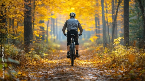 A cyclist rides through an autumnal forest, the path covered in fallen leaves. The sunlight filters through the trees, creating a warm and inviting atmosphere.