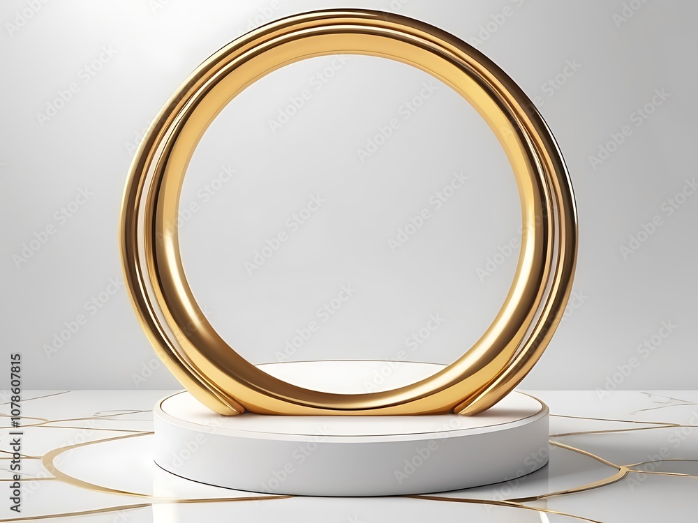 White 3d pedestal background with Golden Glass Ring Frame for cosmetic product presentation or fashion magazine White 3d pedestal background with Golden Glass Ring Frame for cosmetic product presentation or fashion magazine