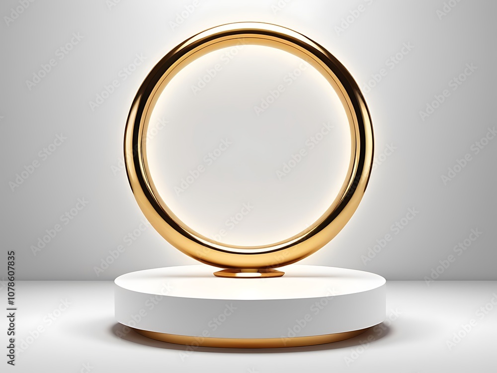 White 3d pedestal background with Golden Glass Ring Frame for cosmetic product presentation or fashion magazine White 3d pedestal background with Golden Glass Ring Frame for cosmetic product presentation or fashion magazine