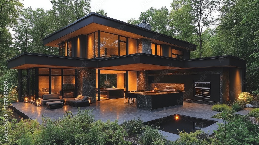 Modern black house with large windows, patio, and outdoor kitchen, surrounded by trees at dusk. Modern black house with large windows, patio, and outdoor kitchen, surrounded by trees at dusk.