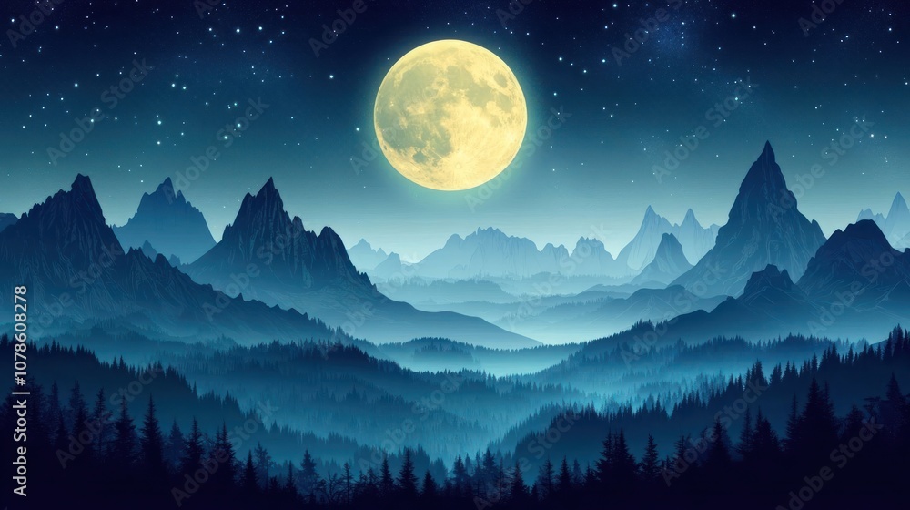 A full moon hangs high in the sky above a mountainous landscape, casting an ethereal glow on the forested valleys below. A full moon hangs high in the sky above a mountainous landscape, casting an ethereal glow on the forested valleys below.