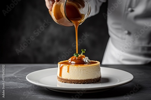 Chef Pouring Caramel Sauce on Cheesecake