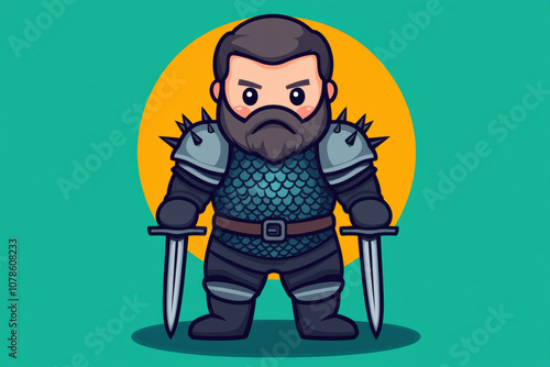 A bold cartoon warrior character, equipped with dual swords and wearing detailed armor, ready for adventure in a vibrant backdrop. photo