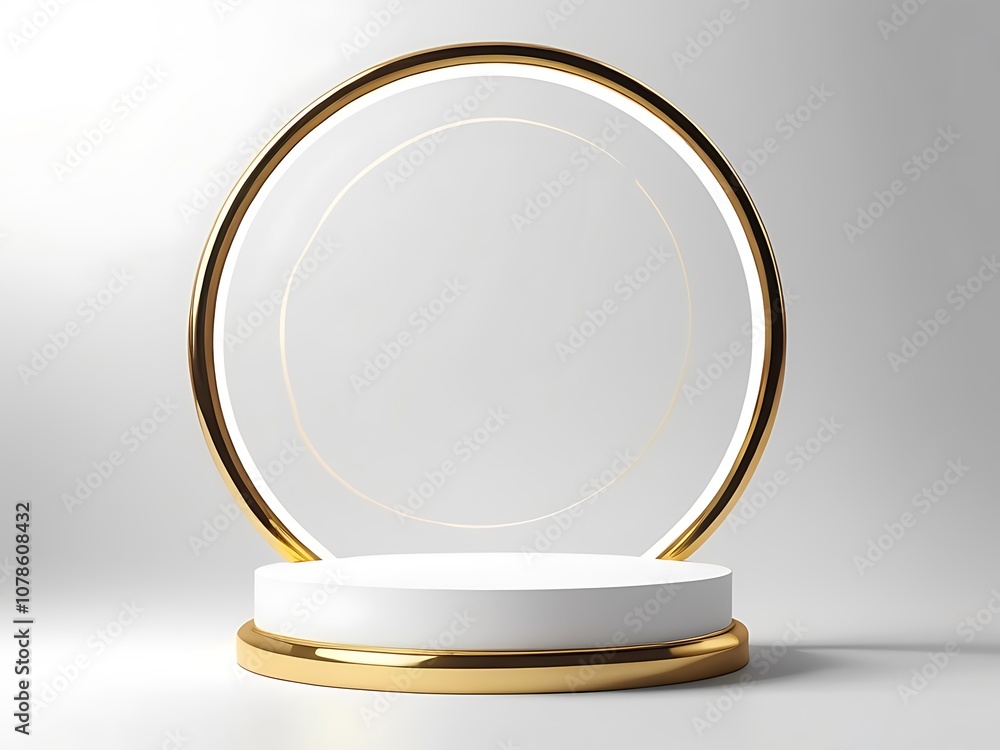 White 3d pedestal background with Golden Glass Ring Frame for cosmetic product presentation or fashion magazine White 3d pedestal background with Golden Glass Ring Frame for cosmetic product presentation or fashion magazine