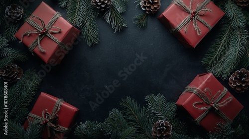 Christmas red gift boxes, fir tree branches and pine cones on the black background