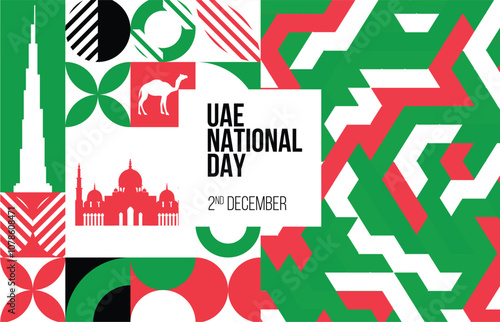 UAE national day banner for independence day anniversary. Flag map of united arab emirates. modern geometric retro abstract design. Red green black theme.