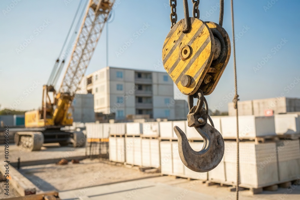A large crane is positioned on a construction site, with a prominently displayed hook hanging down. Surrounding it are stacks of building materials under clear blue skies, indicating a busy workday. A large crane is positioned on a construction site, with a prominently displayed hook hanging down. Surrounding it are stacks of building materials under clear blue skies, indicating a busy workday.