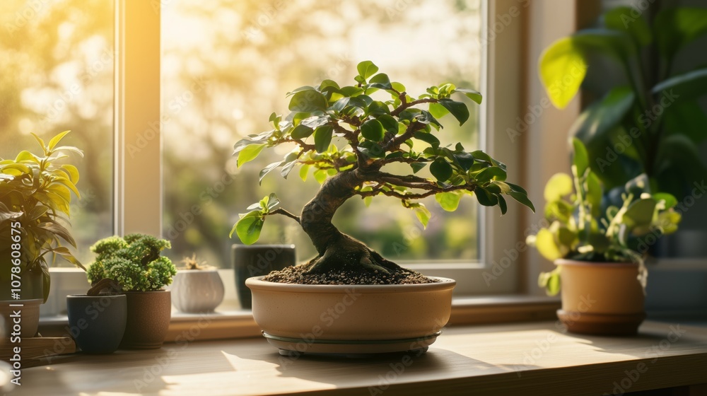 Bonsai tree in a pot on a window sill in the interior of the room. Bonsai tree in a pot on a window sill in the interior of the room.