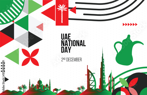 53 National Day of United Arab Emirates. UAE national day banner for independence day anniversary. modern geometric retro abstract design. Red green gradient black theme.e Illustrator Artwork