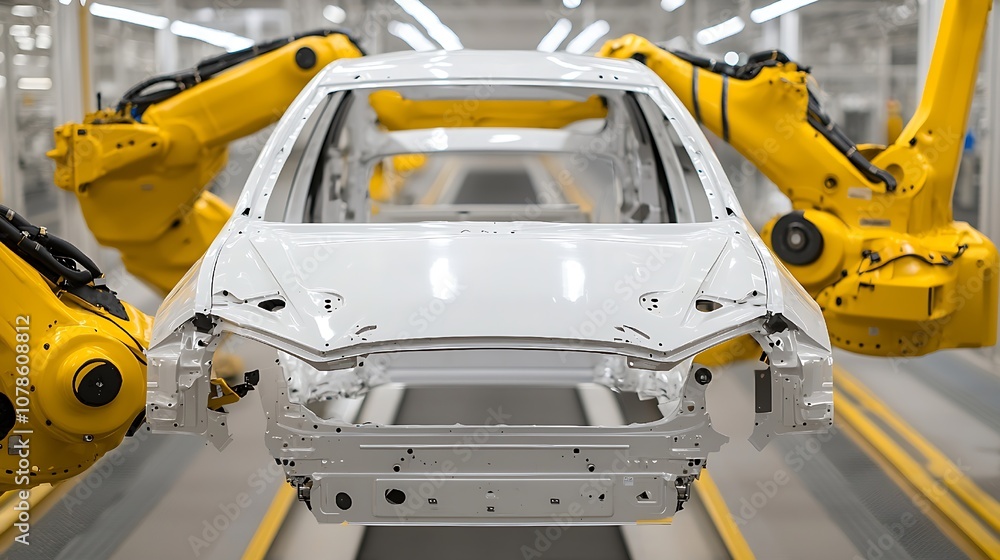 The Birth of a Car: Robotic Arms Assemble a Car Body on a Factory Assembly Line. The Birth of a Car: Robotic Arms Assemble a Car Body on a Factory Assembly Line.