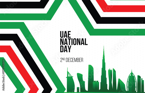 UAE national day banner for independence day. Flag of United Arab Emirates and modern geometric abstract design.UAE Skyline Dubai Vector Illustration.