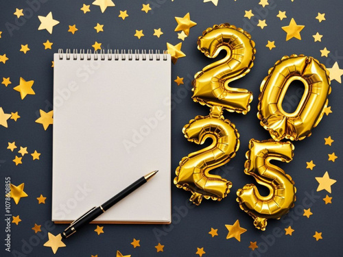 Obraz na płótnie 2025 New Year wish list concept. Empty notepad mockup, shiny stars confetti and golden numbers foil balloons. w salonie