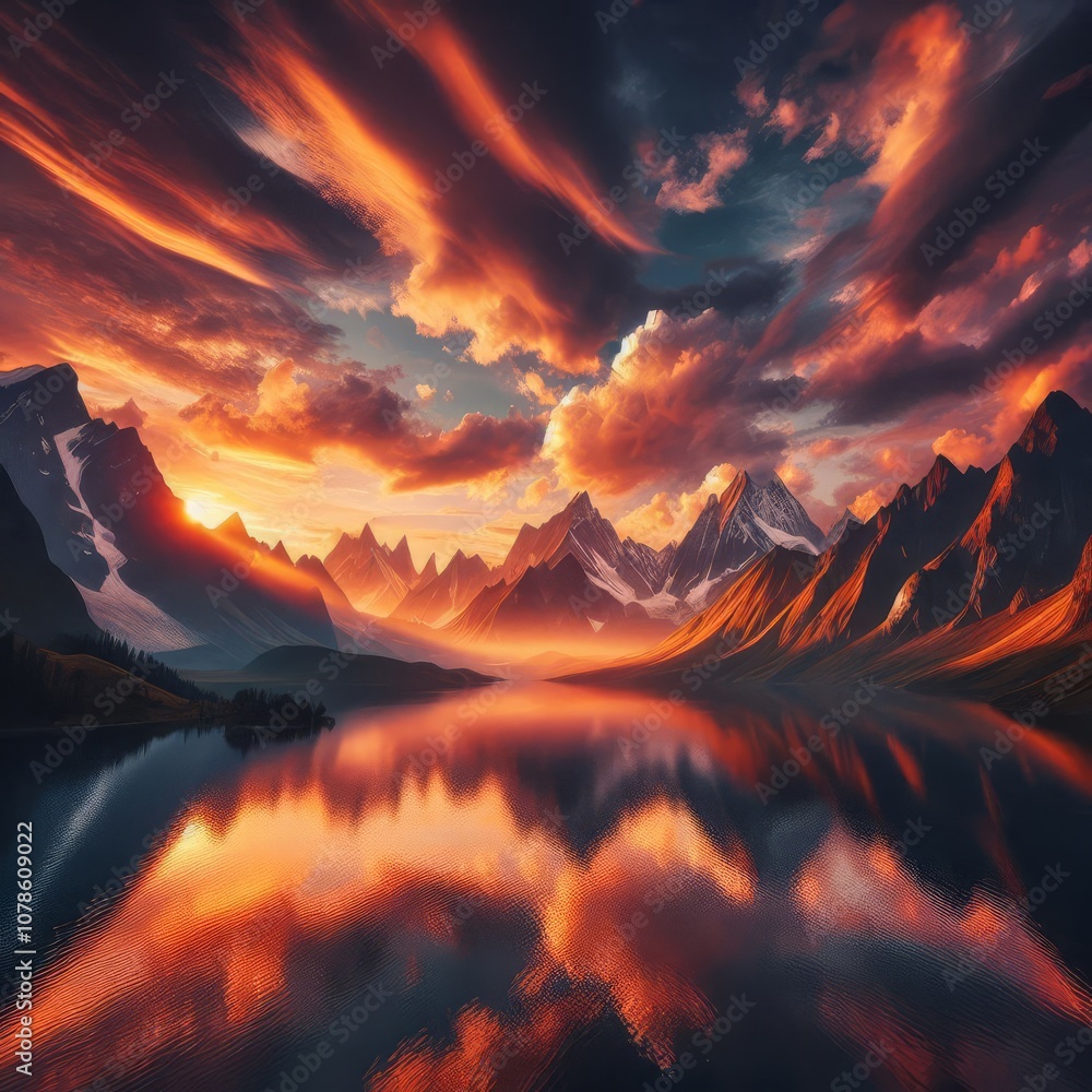 Majestic mountain landscape with wide angle view, reflection in calm lake at sunset Majestic mountain landscape with wide angle view, reflection in calm lake at sunset
