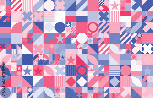 Geometric abstract seamless pattern with colorful simple elements of geometry, wallpaper background in retro 70s style, Bauhaus constructive style tiles.