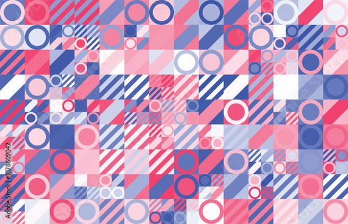 Geometric abstract seamless pattern with colorful simple elements of geometry,circle,stripes,outlines wallpaper background in retro 70s style, Bauhaus constructive style tiles.
