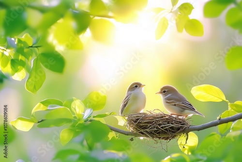 Two small bird sparrow together in nest. Copy space. Concept partnership and love, as they work in harmony. Springtime nature.