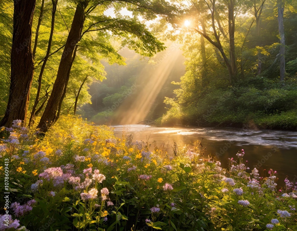 Fototapeta premium Golden Rays of Sunshine Breaking Through the Canopy of a Dense Forest, Illuminating Vibrant Wildflowers Blooming Along a Riverbank, Captured in the Early Morning Light for a Serene Nature Scene