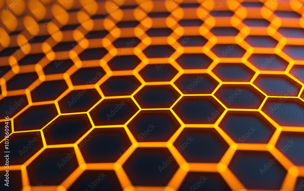 Close-up of a honeycomb pattern with glowing orange outlines against a dark background, showcasing modern design and technology inspiration. Close-up of a honeycomb pattern with glowing orange outlines against a dark background, showcasing modern design and technology inspiration.